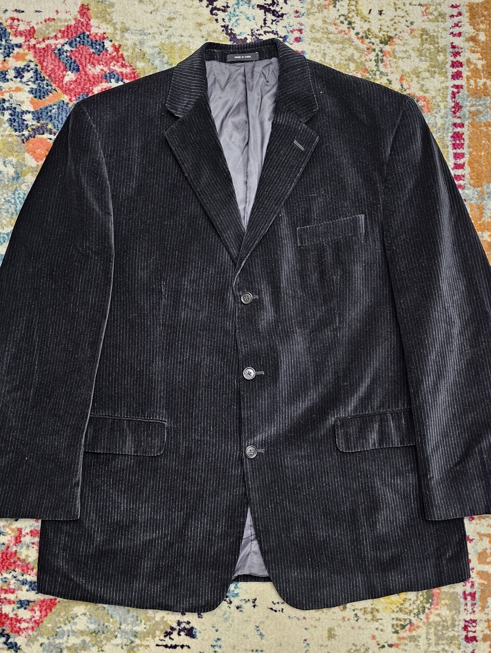 Calvin Klein Pinstripe Velvet Black Blazer Jacket Mens 44R Sport Coat Velour
